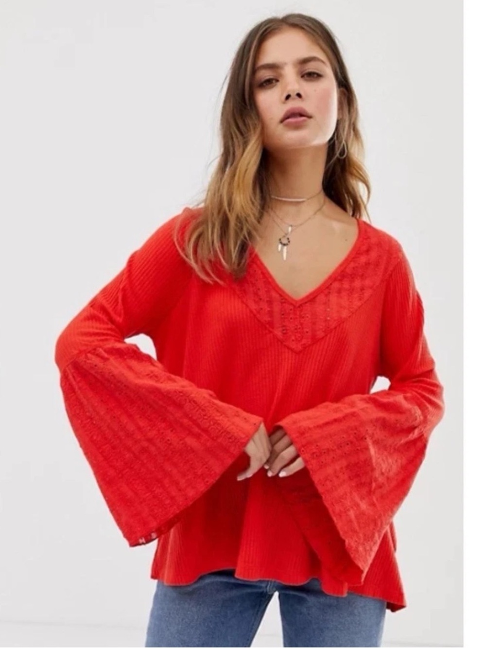 Free People Top Women's Size Medium Waffle Knit Embroidered Parisian Nights Red